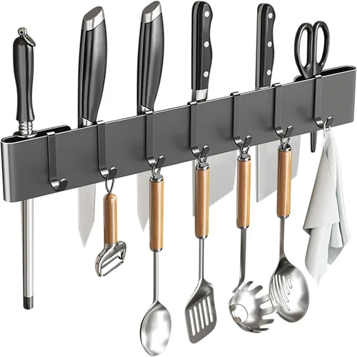 Vista 10 de Colgador de utensilios de cocina: soporte para colgar en pared, 7 ganchos, sin taladrar para cocina, despensa, baño, sala de estar de 15.75 pulgadas