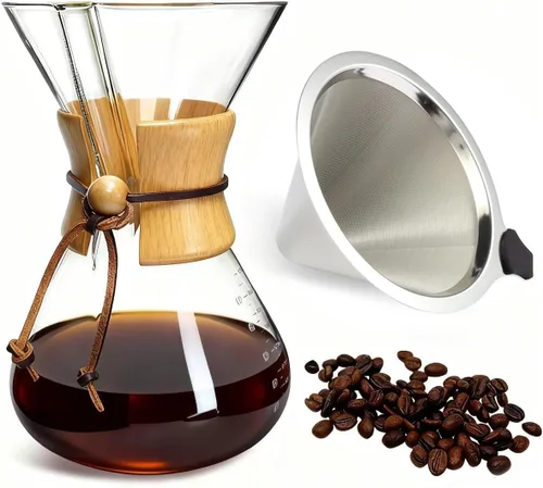 Vista 9 de Subjectthree - Juego de cafetera de vidrio para verter sobre 6 tazas con filtro reutilizable, fácil de limpiar para camping, oficina, cafeterías