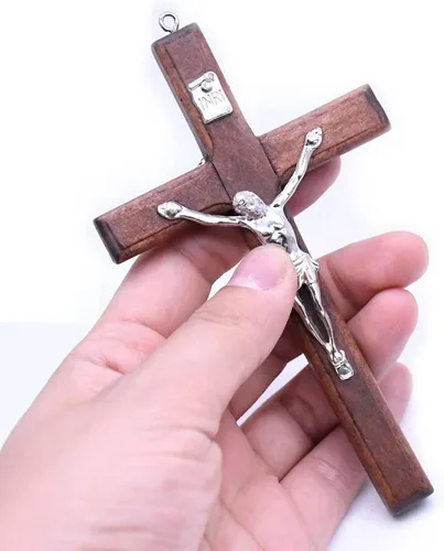 Vista 3 de Regalo católico para hombre y mujer, hecho a mano en Tierra Santa, Crucifijo de madera natural, Crucifijo de oración y celebración de cruz, colgante