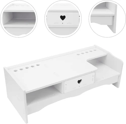 Vista 9 de Elevador de monitor de computadora de estilo con cajón de almacenamiento, soporte elevado compacto para escritorio de oficina, estante de tableta