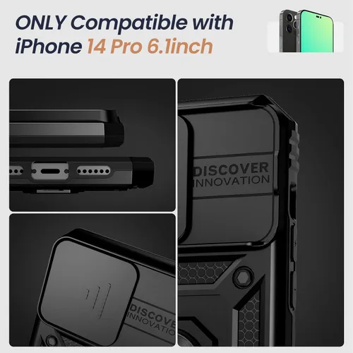 Vista 7 de Goton - Funda compatible para iPhone 14 Pro con protector de pantalla - Funda protectora deslizante para cámara con soporte para anillo, parachoques