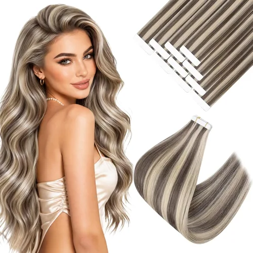 Vista 43 de Ve Sunny Extensiones de cabello humano real con cinta, cabello humano Remy, lacio, doble cara, color marrón oscuro, balayage, rubio dorado oscuro