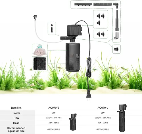Vista 6 de AQQA Filtro de acuario, filtración de 3 etapas, fabricante de ondas ajustables y oxigenador, bomba sumergible silenciosa de 12 W 115 GPH, filtro