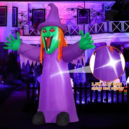 Vista 3 de Inflables de Halloween de 8 pies, decoración de patio de bruja agitable morada con LED LED integrados y diseño de bruja púrpura tembloroso