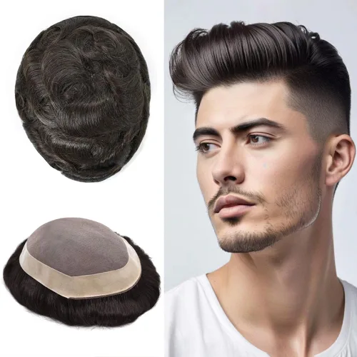 Vista 118 de Mens Toupee Hair Piece Real Human Hair Fine Mono Toupee para hombres Sistema de reemplazo de cabello para hombre Postizo Protesis Capilar Para