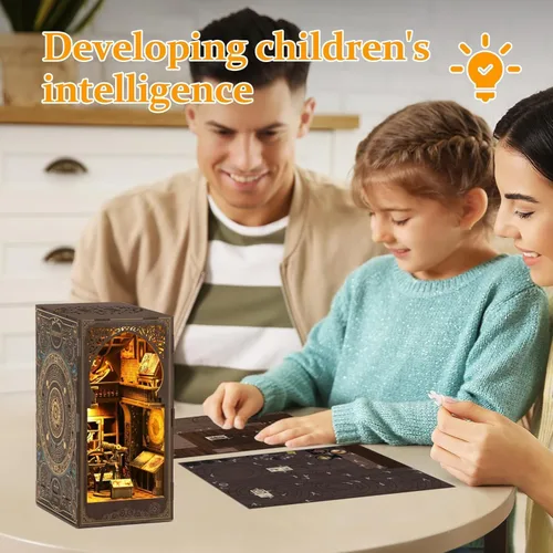 Vista 5 de Kit de rincón de libro para adultos, kit de construcción de casa de muñecas en miniatura, rompecabezas de madera 3D con sensor de luz LED