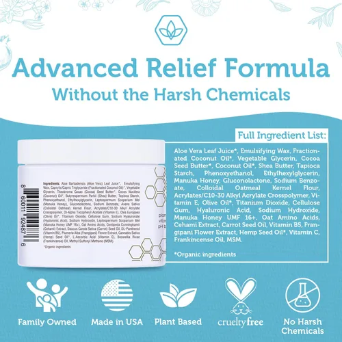 Vista 6 de Crema para la psoriasis y el eczema humectante no grasosa con aloe vera orgánico, miel manuka, aceite de cáñamo y más. 4 oz. El mejor humectante