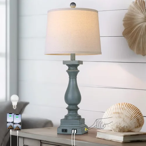 Vista 13 de Lámpara de Mesa de Granja de 28 Pulgadas de Alto con Puertos USB C+A y Salida de CA, Control Táctil de 3 Vías, Lámpara de Noche Rústica