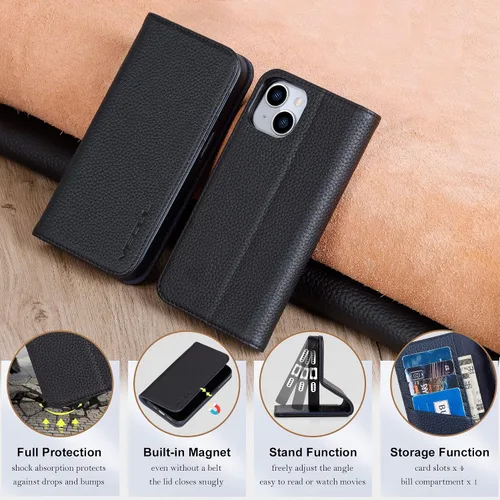 Vista 6 de VISOUL Funda de cuero con diseño de guijarros para iPhone 14 Plus, funda tipo cartera de cuero real con tarjetero y función atril magnética