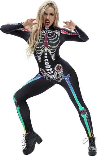 Vista 2 de Esqueleto de Halloween, traje de cuerpo entero ajustado al cuerpo, para mujer