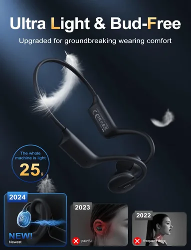 Vista 5 de Auriculares de conducción ósea, ligeros, de oído abierto, auriculares deportivos con micrófono integrado, extra cómodos, IPX5, impermeables