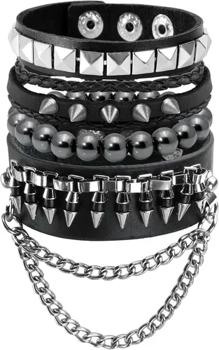 Vista 9 de Eigso Pulseras de cuero punk para hombres y mujeres, estilo retro de los años 80, hematita y rock, juego de pulseras de metal ajustables para hombre