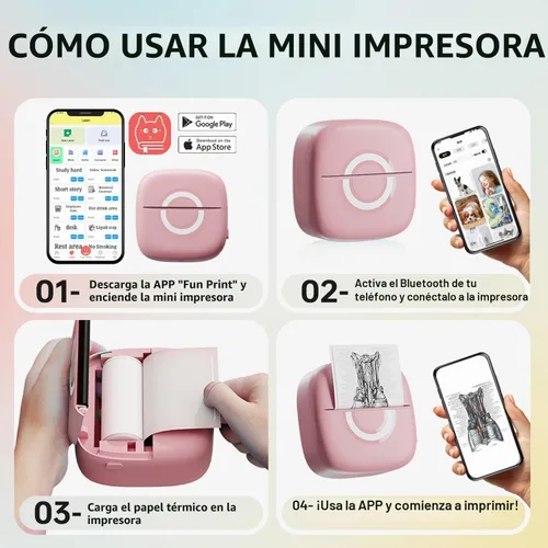 Vista 4 de Cabaro Mini Impresora de Calcomanías Impresora Térmica con 3 Rollos de Papel, Cápsulas de Impresión de Teléfono Portátil Bluetooth