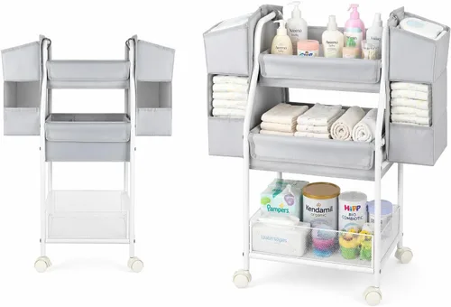 Vista 8 de Moteph Carrito utilitario rodante con ruedas, carrito de pañales de 3 niveles, carrito de guardería con ruedas y organizador de bebé para artículos