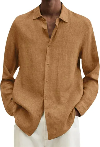 Vista 11 de EFOFEI Camisa de algodón y lino con botones para hombre, camisas casuales de manga larga, con solapa, color sólido