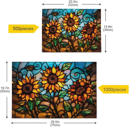 Vista 5 de Rompecabezas de girasol de estilo retro, material compuesto de madera de papel Zcon bolsa de almacenamiento e imagen de referencia fácil de resolver