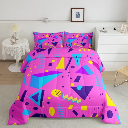 Vista 14 de Juego de edredón de estilo retro de los años 80, juego de ropa de cama de patrón geométrico abstracto, diseño urbano moderno con círculos