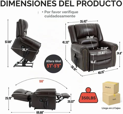 Vista 2 de Silla Elevadora Eléctrica de Doble Motor, Silla Reclinable que se Recuesta Completamente, Sillón Reclinable Eléctrico con Masaje y Calor