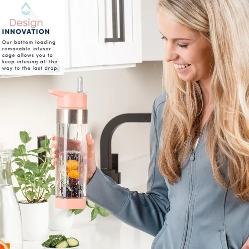 Vista 3 de Botella de agua Infusion Pro con infusor de frutas de 24 oz con tapa con pajita: pajita abatible: funda aislada y libro electrónico de agua