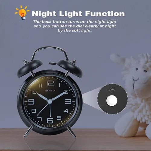 Vista 6 de AYRELY® Reloj despertador de campana doble súper fuerte para adultos de sueño pesado, 4 pulgadas, retro, silencioso, sin tictac, con luz nocturna
