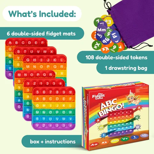 Vista 2 de The Fidget Game ABC Bingo, Games for Kids – Seis alfombrillas educativas de bingo del alfabeto con burbujas para preescolar, niños pequeños, jardín