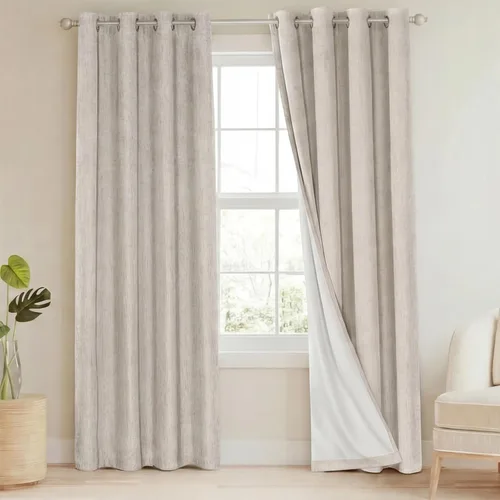 Vista 140 de Cortinas con textura de lino 100% opacas de 64 pulgadas de largo, juego de 2 paneles de cortinas de lino opacas con forro aislante térmico que Arena