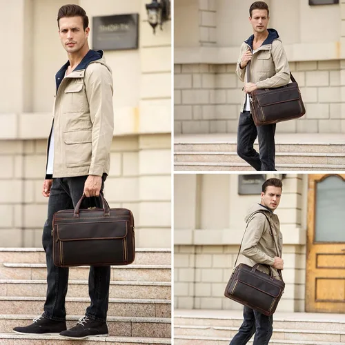 Vista 6 de TIDING Maletín de cuero para hombres 17 pulgadas portátil Messenger Bag Office Work Business Bolsa de hombro bolsa de fijación