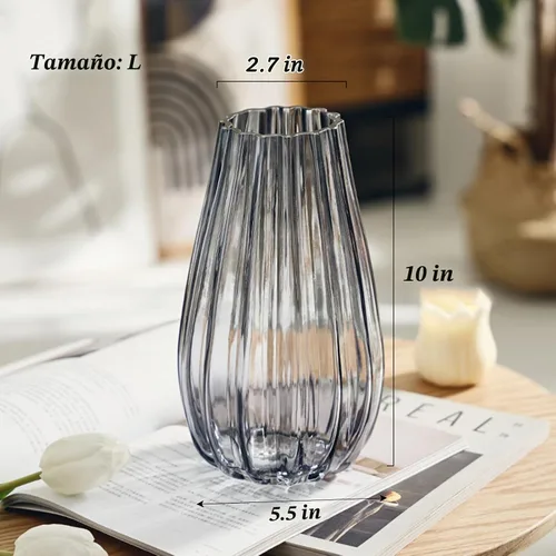 Vista 5 de Floreros de cristal transparente de 8 pulgadas, jarrón acanalado, para centro de mesa, decoración de escritorio interior, moderno estilo bohemio