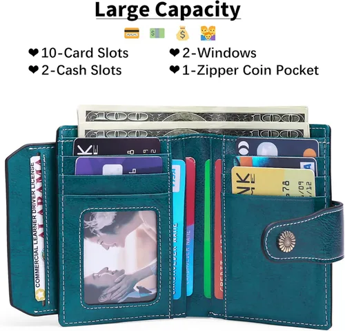 Vista 2 de FALAN MULE - Cartera de cuero auténtico para mujer pequeña plegable compacta con interferencia de radiofrecuencia RFID