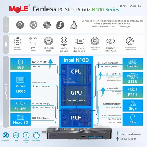 Vista 3 de MeLE Mini PC Stick PCG02 N100 4GB 128GB sin ventilador con Windows 11 Home