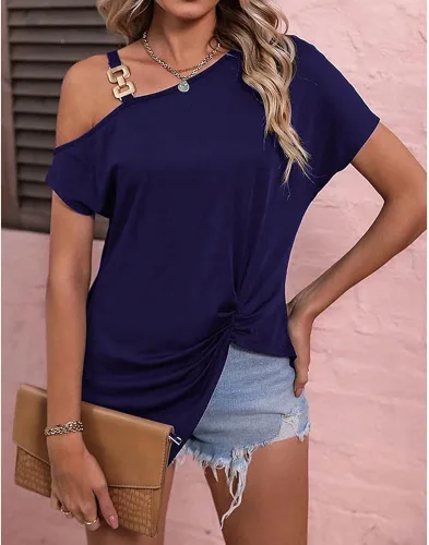 Vista 3 de Blusa sexy de manga corta para mujer, con hebilla de metal, asimétrica, con correa de hebilla de metal