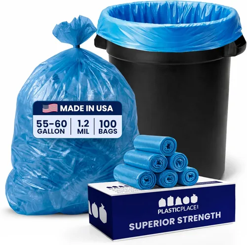 Vista 13 de Plasticplace Bolsas de reciclaje de 12-16 galones │ 1.2 mil │ Revestimientos para botes de basura azules con logotipo │ 24 x 31 pulgadas