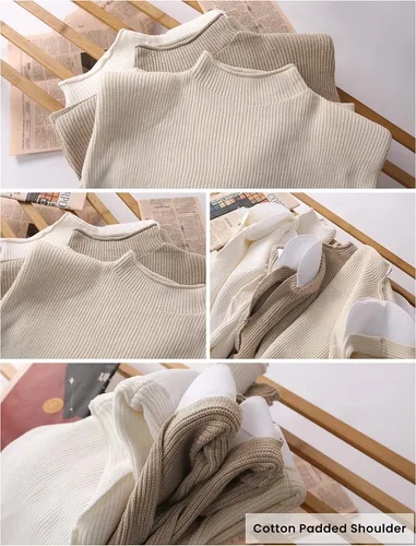 Vista 5 de Himosyber - Suéter de punto, unicolor y sin mangas para mujeres, chaleco elegante y elástico con cuello alto, manga casquillo