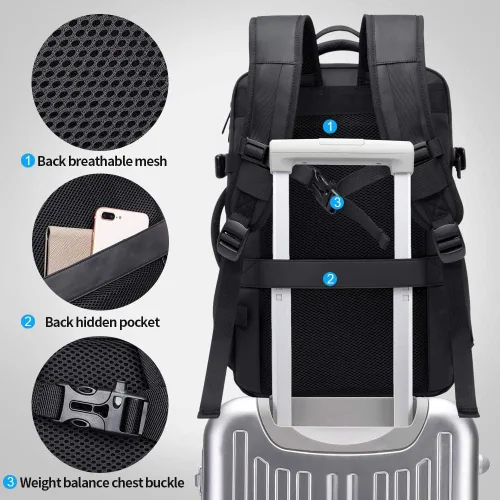Vista 6 de Mochila de viaje de 35 litros, mochila de mano aprobada para vuelos para bolsa de viaje internacional, resistente al agua, duradera, mochilas