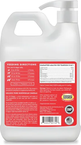 Vista 4 de Aceite de salmón prémium para perros, aceite de salmón noruego puro alto en Omega 3, EPA y DHA, potente aceite de pescado para la piel y el pelaje