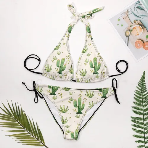 Vista 7 de Desert Cactus - Traje de baño de dos piezas para mujer, traje de baño sexy, traje de baño halter, conjunto de bikini triangular con cuerdas