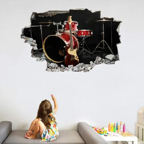 Vista 2 de Calcomanías de pared de guitarra, arte de tambores aplastados 3D, calcomanías de pared extraíbles, mural de pared musical, dormitorio, vinilo