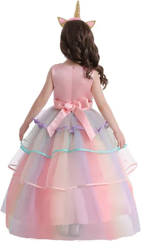 Vista 7 de Vestido de princesa de unicornio para niña vestido largo de tul arco iris ropa de cumpleaños para niños Arco iris