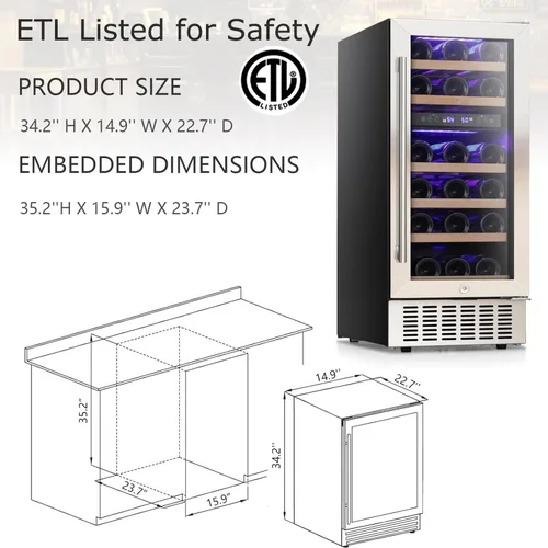 Vista 7 de COWSAR Refrigerador de vino de 28 botellas, refrigerador comercial de bebidas de doble zona, temperatura independiente, LED, enfriador de vino