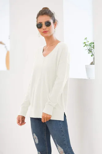 Vista 4 de Jouica - Suéter suelto con cuello en V y mangas murciélago para mujer, estilo casual y ligero
