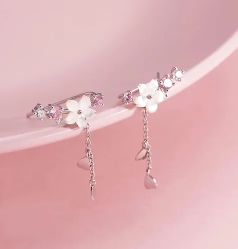 Vista 4 de Reffeer Aretes de plata de ley 925 con circonita cúbica, para mujeres, adolescentes, niñas, delicados aretes escaladores de flores, cadena colgante