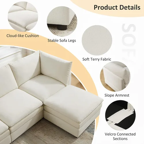 Vista 6 de VANOMi Sofá modular Cloud de 98 pulgadas para sala de estar, sofá cama moderno de gran tamaño con asiento profundo, otomana de cojín grueso de doble