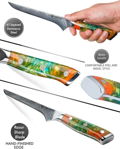 Vista 3 de Cuchillo de filete de 7 pulgadas, VG10 Damasco cuchillo para deshuesar peces con mango de resina - Serie Xuan (naranja fantasía)