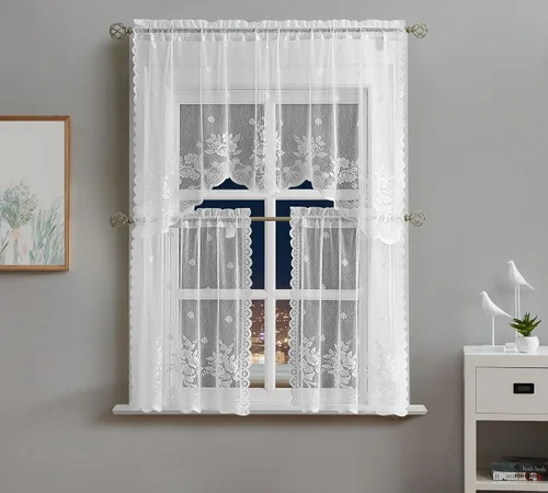 Vista 11 de Warm Home Designs El paquete de 3 cortinas de lino dorado para ventana de cocina incluye 2 niveles de 24 pulgadas y cenefa con festón. Juego