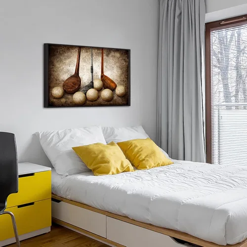 Vista 4 de sechars Lienzo deportivo para pared, diseño vintage de pelotas de golf, impresiones artísticas de naturaleza muerta con marco negro de alta calidad