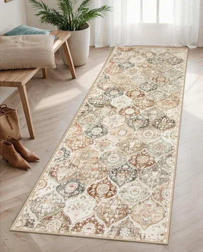 Vista 42 de Lahome - Alfombra marroquí antideslizante y lavable, pequeña alfombra oriental para dormitorio, cocina, entrada, baño, entrada, 61 x 91 cm, crema