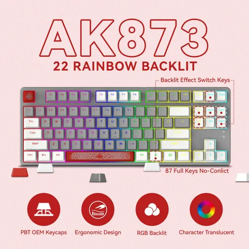 Vista 5 de Magic-Refiner AK873 Teclado para juegos, retroiluminación LED arcoíris, interruptor rojo lineal intercambiable en caliente, tecla PBT, diseño TKL