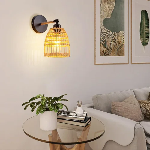 Vista 2 de Rattan Wall Sconce Handmade Wicker Wall Lamp Farmhouse Vintage Wall Light Retro Black E26 E27 Base Lighting Fixture for Living Room Bedroom Home