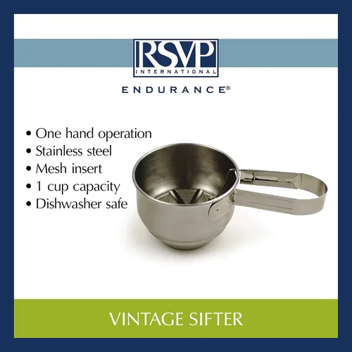 Vista 9 de RSVP International Endurance® - Tamiz vintage de acero inoxidable con una sola mano, 1 taza, para tartas superiores, tamizar harina, adobo