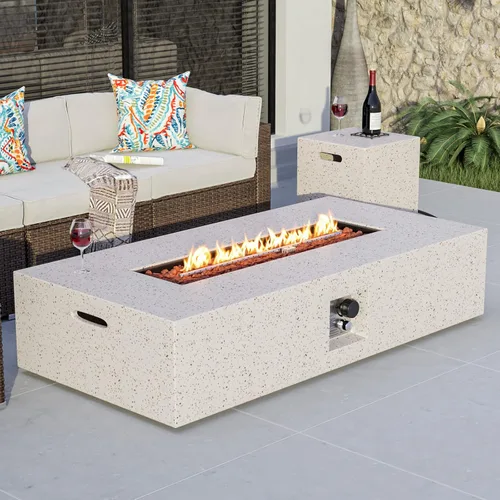 Vista 30 de COSIEST mesa cuadrada de propano para exteriores de arenisca con protector contra el viento, certificada, quemador de acero inoxidable de 50,000